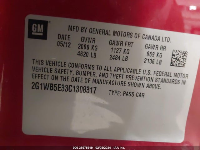 2012 CHEVROLET IMPALA LT VIN: 2G1WB5E33C1308317