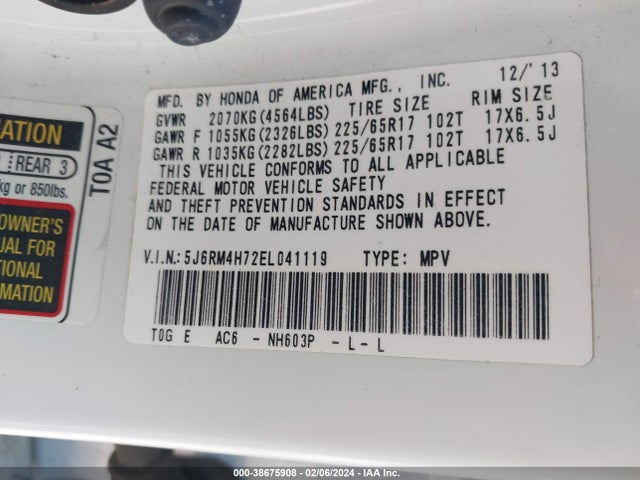 Honda Cr-v Ex-l 2014 5J6RM4H72EL041119 Image 9