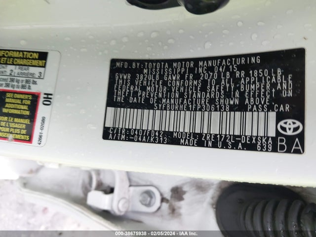 Toyota Corolla S Plus 2015 5YFBURHE1FP306138 Image 9