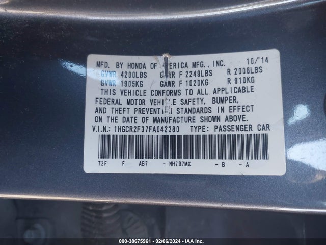 Honda ACCORD LX 2015 1HGCR2F37FA042380 Image 9