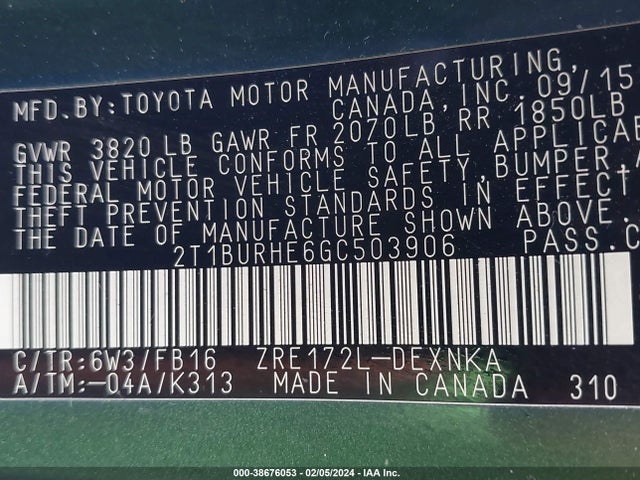Toyota COROLLA LE 2016 2T1BURHE6GC503906 Image 9