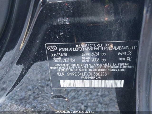 2018 HYUNDAI ELANTRA SEL VIN: 5NPD84LFXJH380258