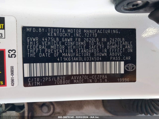 Toyota CAMRY XSE 2020 4T1K61AK0LU334504 Image 9