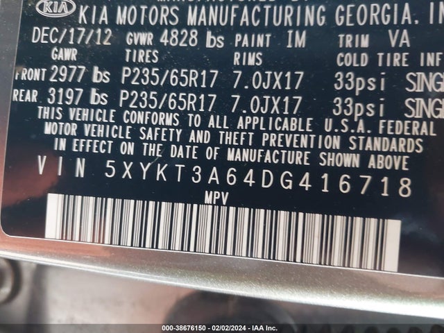 2013 KIA SORENTO LX VIN: 5XYKT3A64DG416718