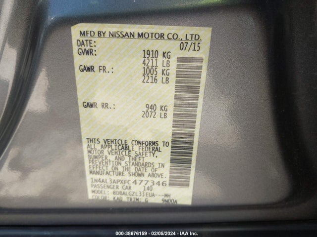 Nissan Altima 2.5 S 2015 1N4AL3APXFC477346 Image 9