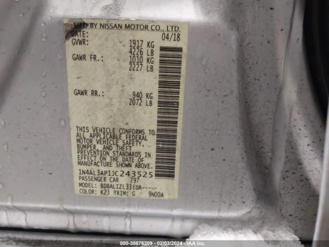 1N4AL3AP1JC243525 Nissan Altima 2.5 Sv