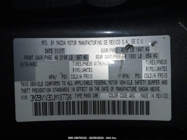 3MZBN1V30JM187724 Mazda Mazda3 Touring