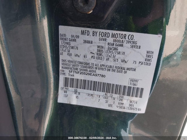 2009 FORD F-250 XL/XLT VIN: 1FTNF20529EA97780