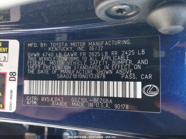 58ADZ1B19NU133878 Lexus ES 350