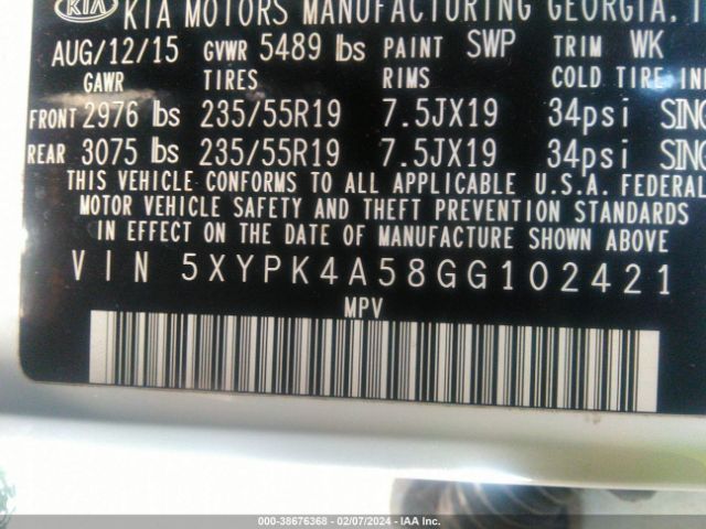 5XYPK4A58GG102421 KIA Sorento 3.3l Sx