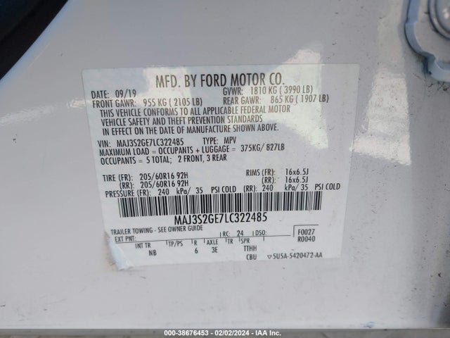 2020 FORD ECOSPORT SE VIN: MAJ3S2GE7LC322485