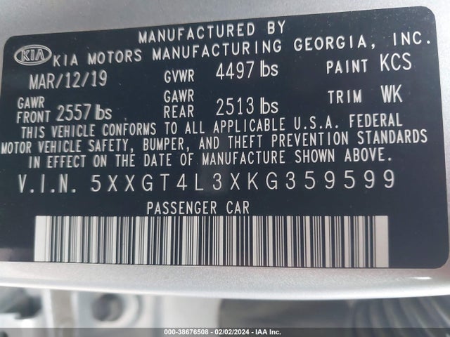 5XXGT4L3XKG359599 KIA Optima Lx
