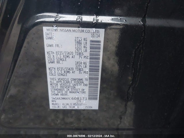 Nissan Pathfinder Platinum 2015 5N1AR2MNXFC608171 Image 9