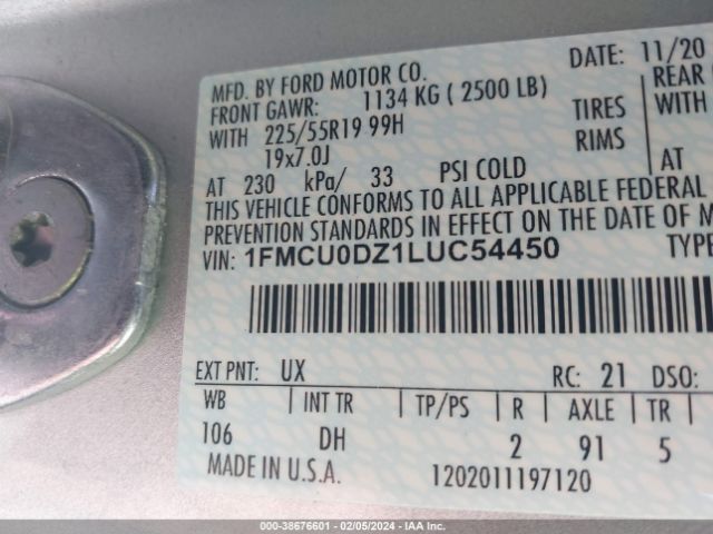 1FMCU0DZ1LUC54450 Ford Escape Titanium Hybrid