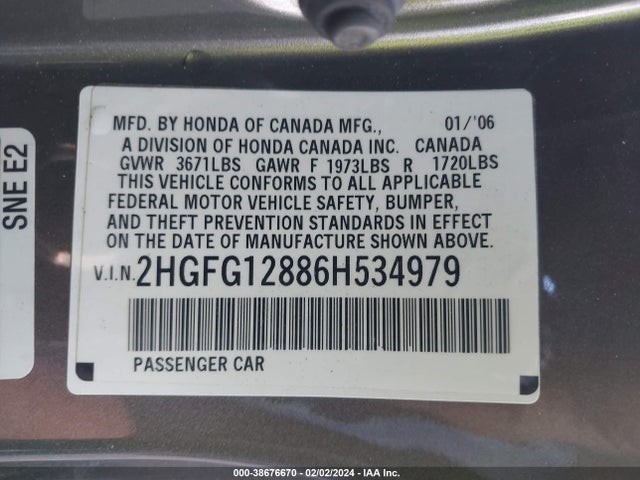 2006 HONDA CIVIC EX VIN: 2HGFG12886H534979