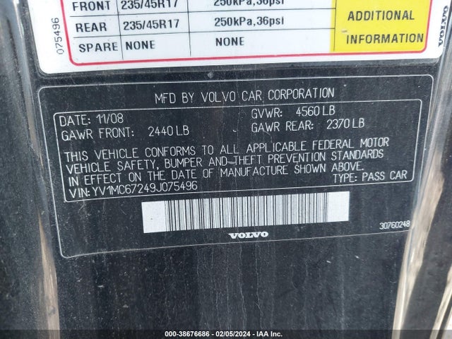 2009 VOLVO C70 T5 VIN: YV1MC67249J075496