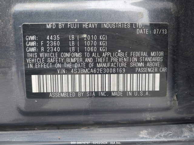 38676707 :رقم المزاد ، 4S3BMCA62E3008169 vin ، 2014 Subaru Legacy 2.5i مزاد بيع