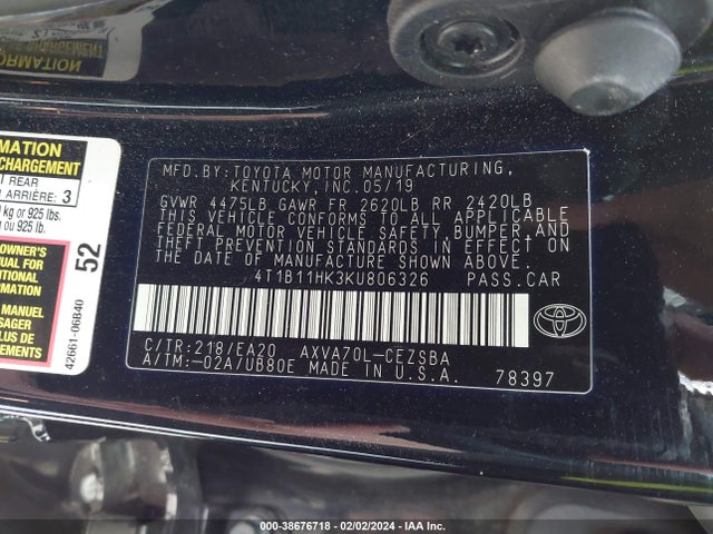 Toyota CAMRY SE 2019 4T1B11HK3KU806326 Image 9