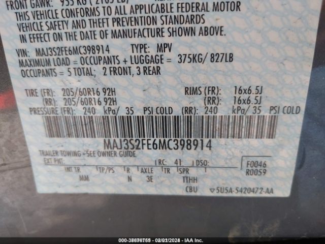 MAJ3S2FE6MC398914 Ford ECOSPORT S