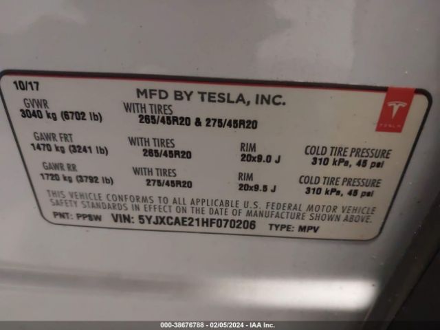 5YJXCAE21HF070206 Tesla Model X 100d/75d/90d