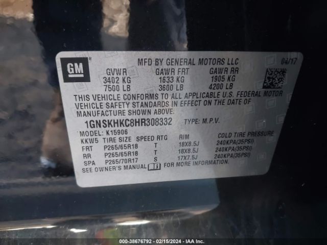 1GNSKHKC8HR308332 Chevrolet Suburban Lt