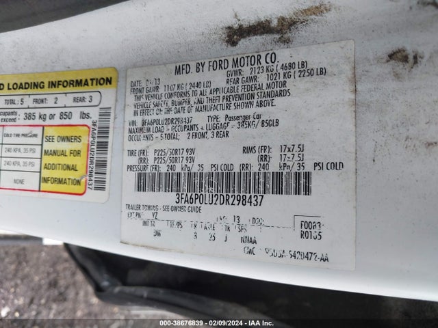 2013 FORD FUSION HYBRID SE VIN: 3FA6P0LU2DR298437