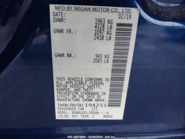 1N4BL4BV3KC194255 Nissan Altima 2.5 S