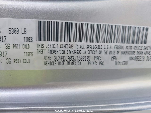 Dodge JOURNEY SE 2018 3C4PDCAB3JT508181 Image 9