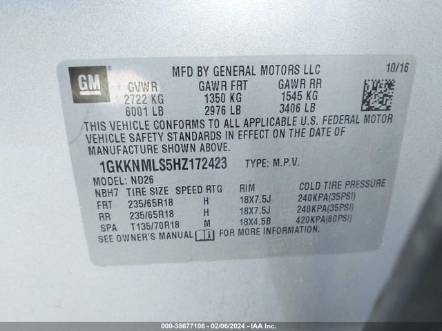 GMC Acadia Slt-1 2017 1GKKNMLS5HZ172423 Image 9