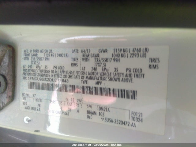 2013 FORD ESCAPE SE VIN: 1FMCU9GX2DUD71843