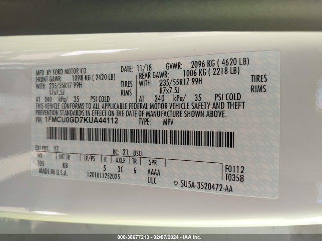 Ford ESCAPE SE 2019 1FMCU0GD7KUA44112 Image 9