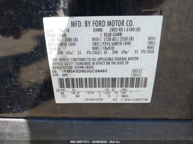 Ford EXPLORER XLT 2018 1FM5K8D80JGC04493 Image 9