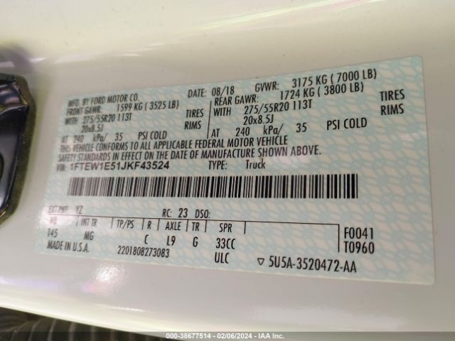 1FTEW1E51JKF43524 Ford F-150 Xlt