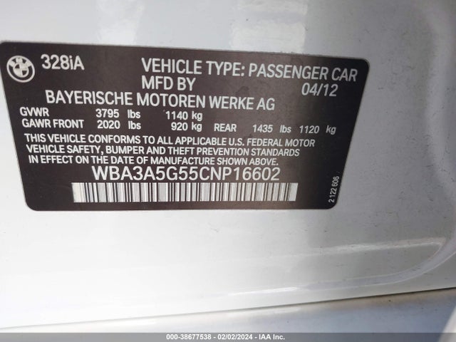 2012 BMW 328I VIN: WBA3A5G55CNP16602