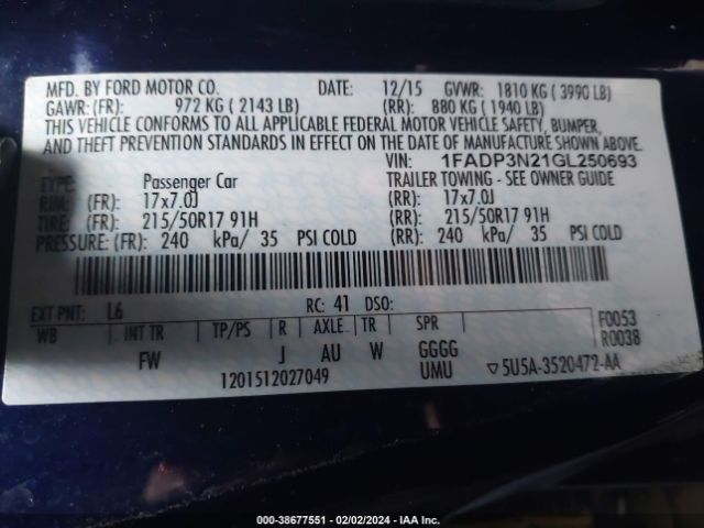 1FADP3N21GL250693 Ford Focus Titanium