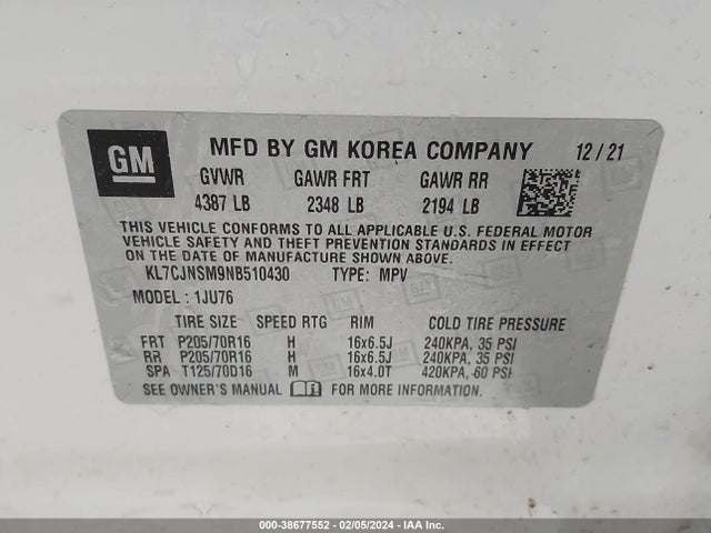 Chevrolet Trax Awd Ls 2022 KL7CJNSM9NB510430 Image 9