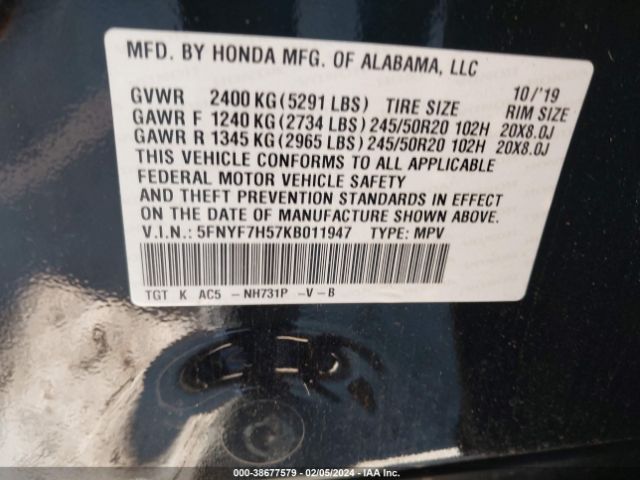 5FNYF7H57KB011947 Honda Passport Ex-l