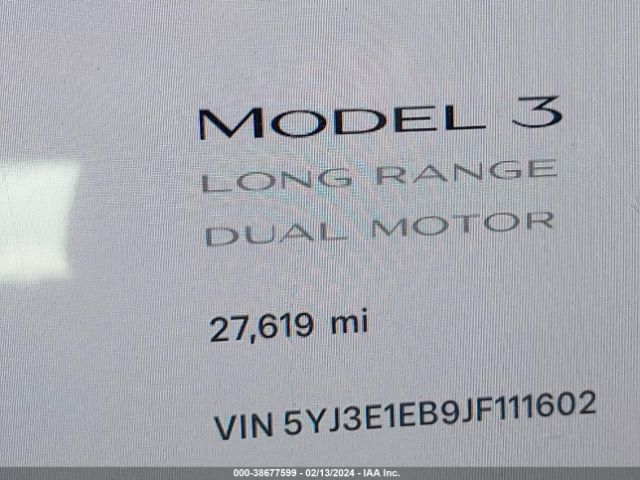 5YJ3E1EB9JF111602 Tesla Model 3 Long Range/performance