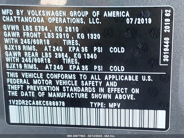 1V2DR2CA8KC588978 Volkswagen Atlas 3.6l V6 Se