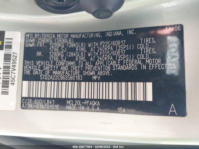 2006 TOYOTA SIENNA XLE VIN: 5TDZA22C96S580183