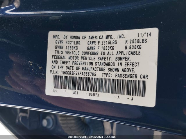 Honda Accord Sport 2015 1HGCR2F52FA066765 Image 9