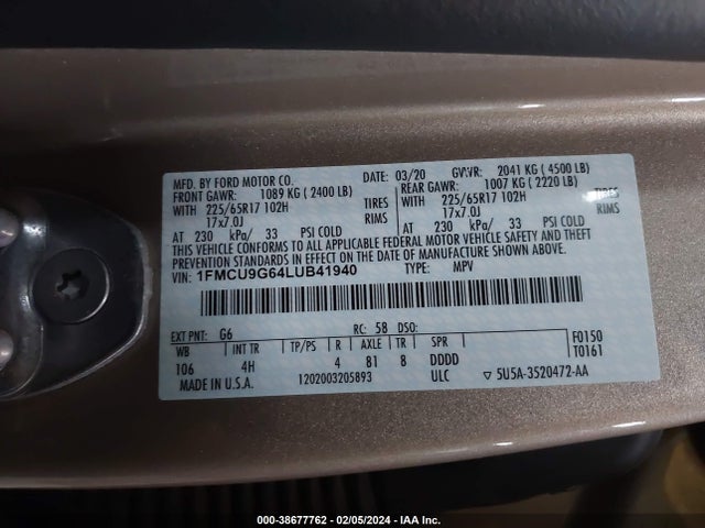 Ford ESCAPE SE 2020 1FMCU9G64LUB41940 Image 9