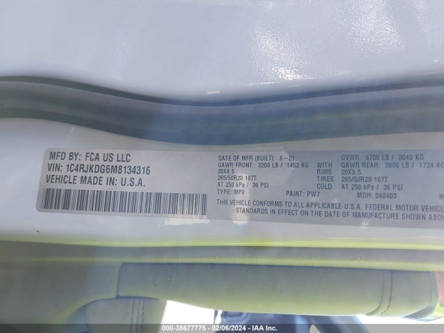 1C4RJKDG6M8134316 Jeep Grand Cherokee L Overland 4x4