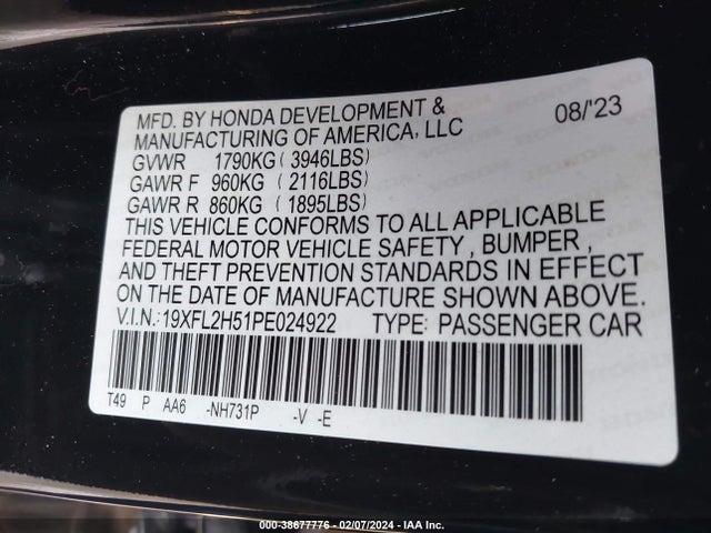 Honda Civic Lx 2023 19XFL2H51PE024922 Image 9