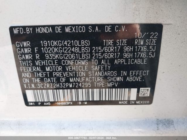 3CZRZ2H32PM724295 Honda Hr-v Awd Lx