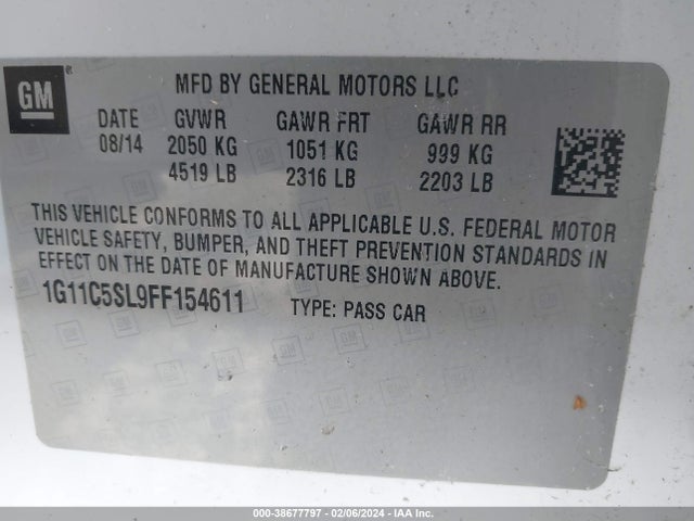 2015 CHEVROLET MALIBU 1LT VIN: 1G11C5SL9FF154611