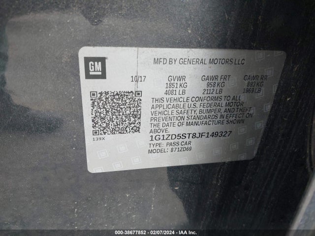 2018 Chevrolet Malibu Lt მანქანა იყიდება აუქციონზე, vin: 1G1ZD5ST8JF149327, აუქციონის ნომერი: 38677852