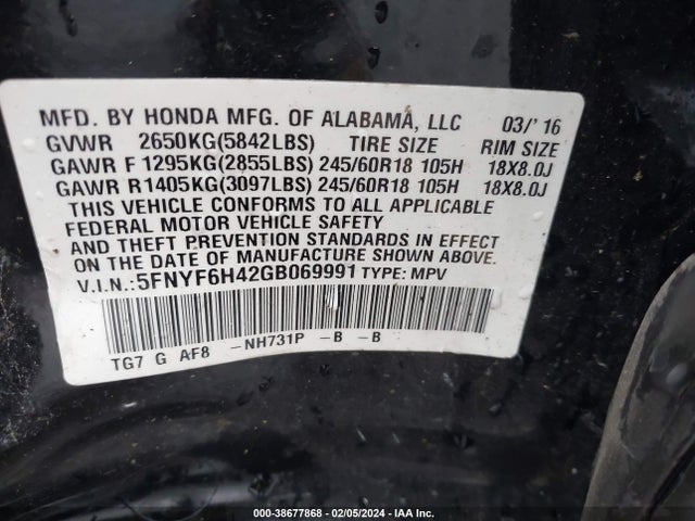 Honda Pilot Ex 2016 5FNYF6H42GB069991 Image 9