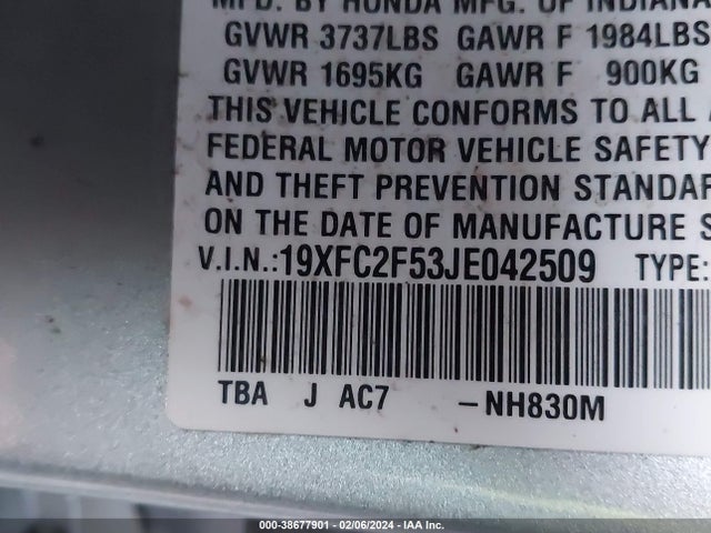 Honda Civic Lx 2018 19XFC2F53JE042509 Image 9