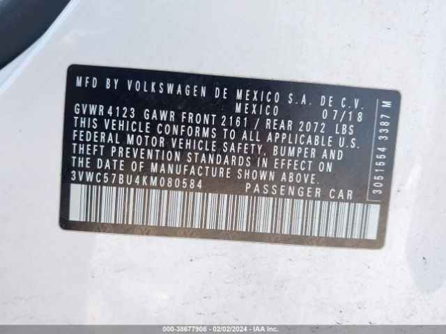 3VWC57BU4KM080584 Volkswagen Jetta 1.4t R-line/1.4t S/1.4t Se